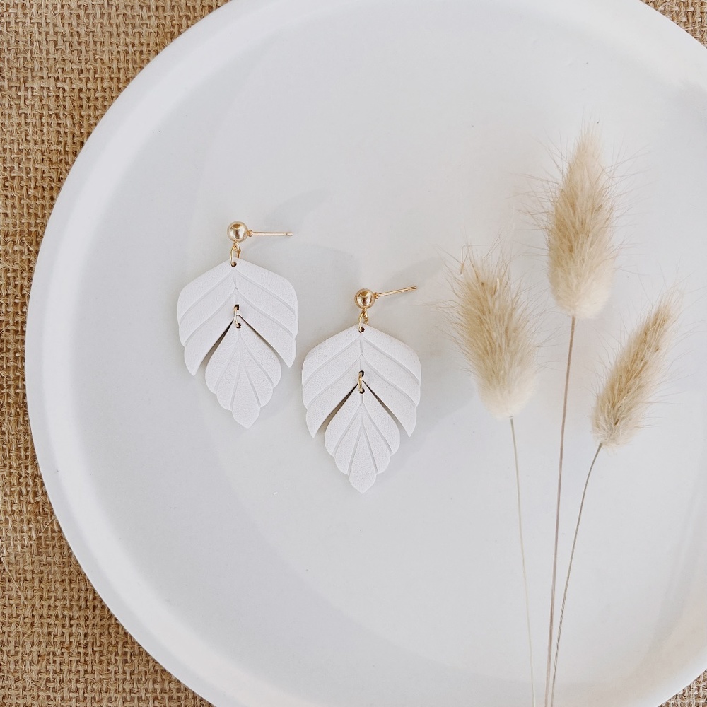 Ivory Leaf Dangle Clay Earrings